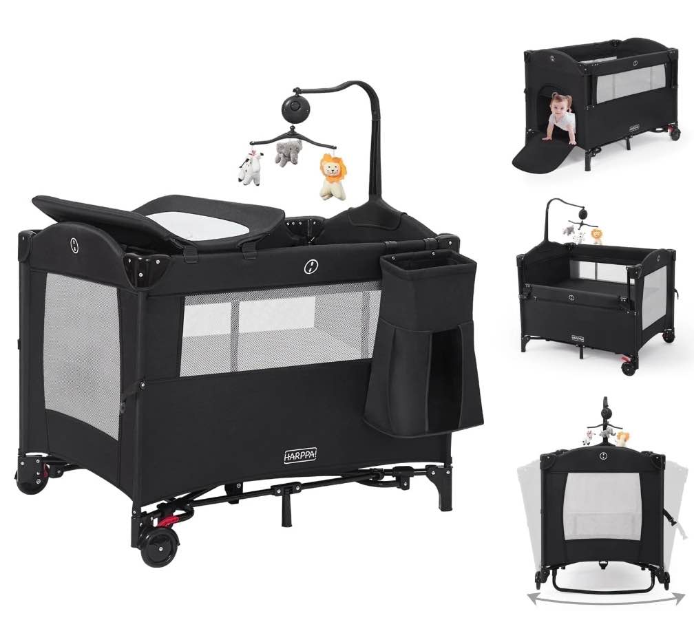 HARPPA 5 in 1 Portable Playard and Bassinet Bedside Sleeper for Newborn to Toddler, Unisex, Black