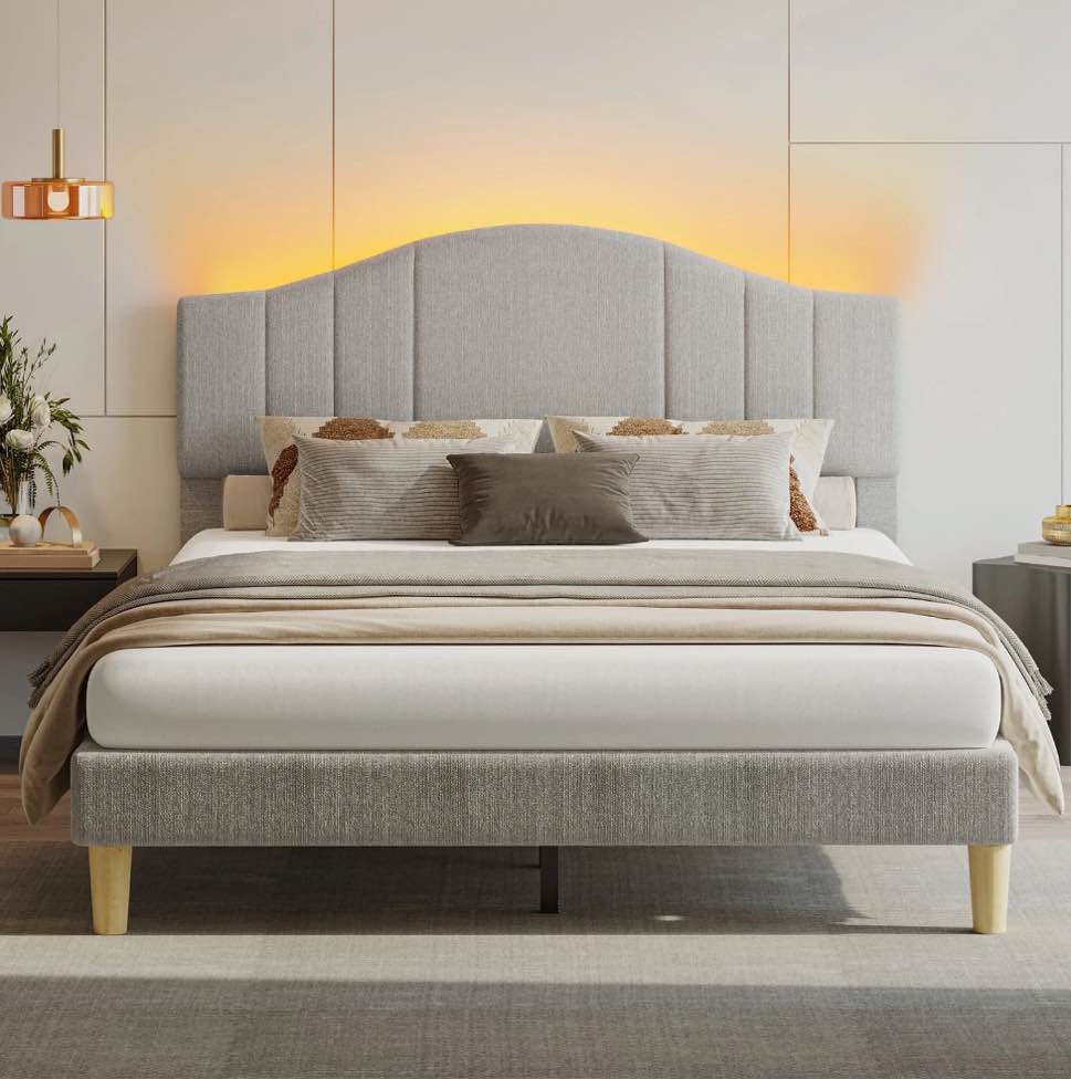 Pinmoco Queen Upholstered Bed Frame with Adjustable Arc-shaped Headboard, LED Platform Bed, Fabric Gray