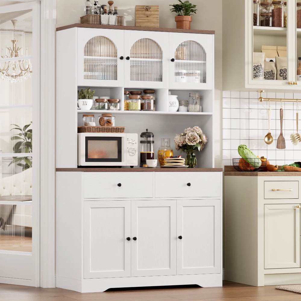 Hiphuta 71"in Modern Kitchen Pantry Storage Cabinet, Freestanding Kitchen Hutch Cabinet with Adjustable Shelves & Microwave Stand, Modern Coffee Hutch for Dining Room, White