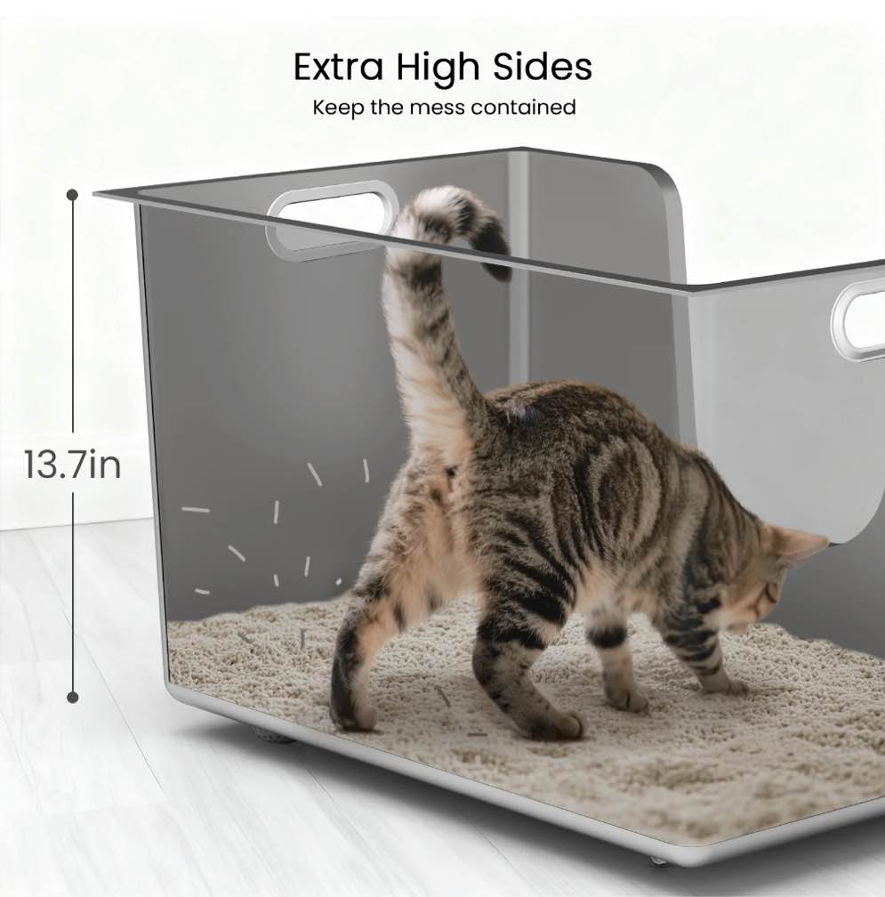 Ptlom Stainless Steel Litter Box with 13.7'' High Sides Anti-Splashing Seamless Metal Litter Box Extra Large Low Entry Litter Pan for Big Cats