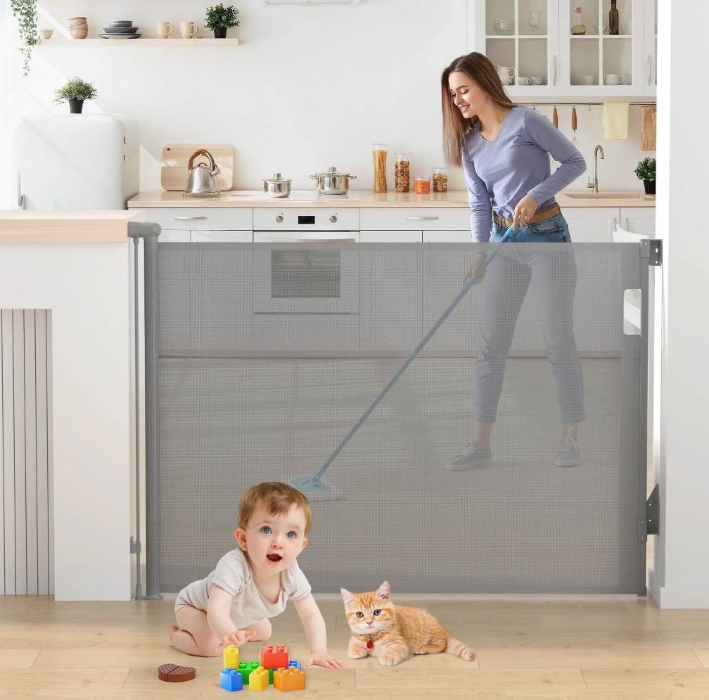 Vomeast Retractable Mesh Baby Gates, Extends up to 55in Wide, 37.4in Tall Safety Dog Gates for Stairs Doorways Hallways(Grey)