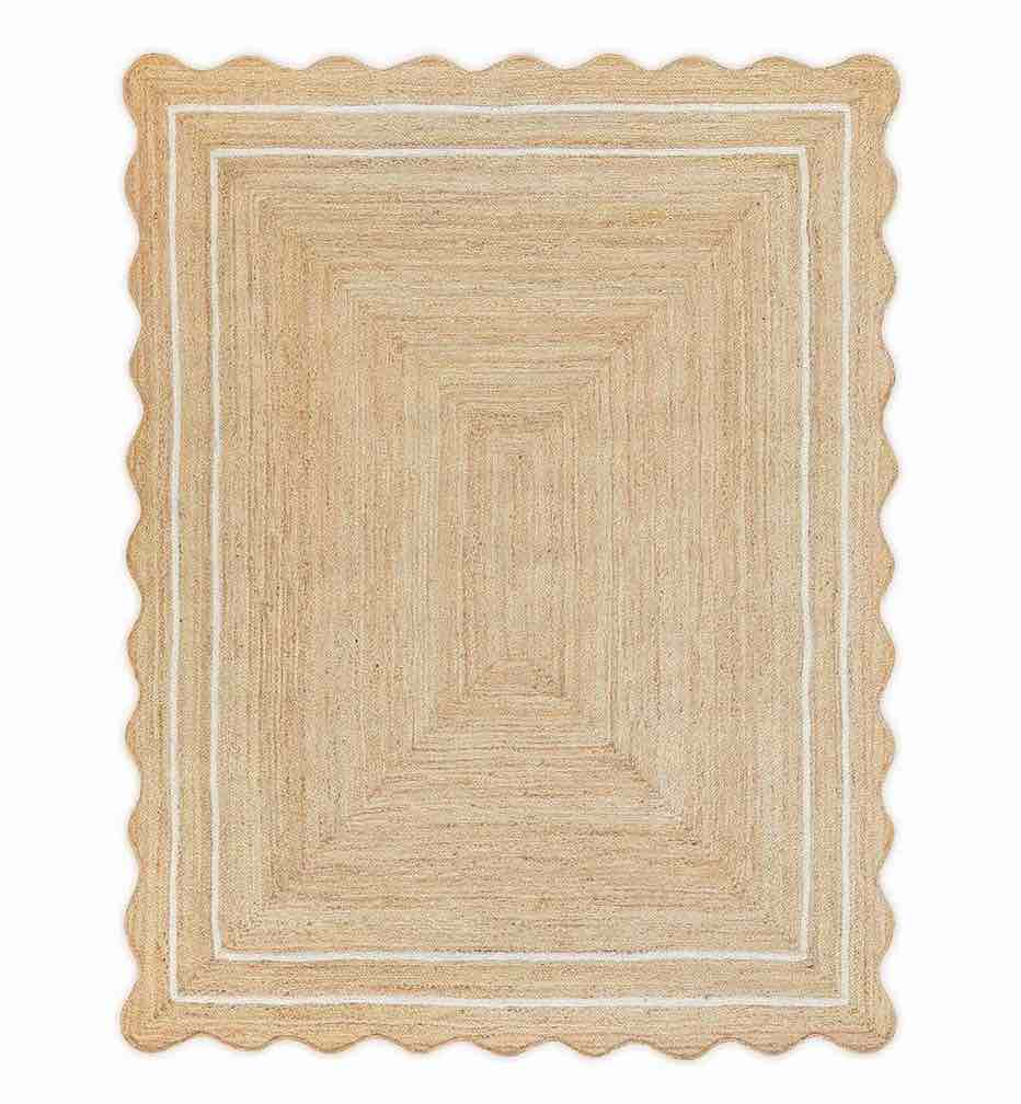 KLAVATE 8 x 10 Natural Jute Wave Edge Hand Braided Scalloped Farmhouse Entryway Jute Rug
