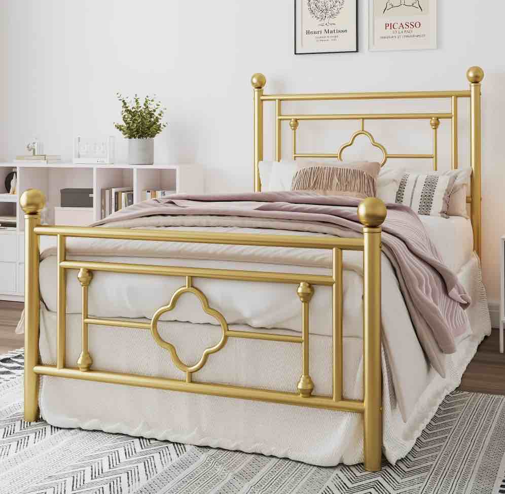 Amolife Twin Size Metal Platform Bed Frame with Vintage Cross Pattern Headboard&Footboard, Gold