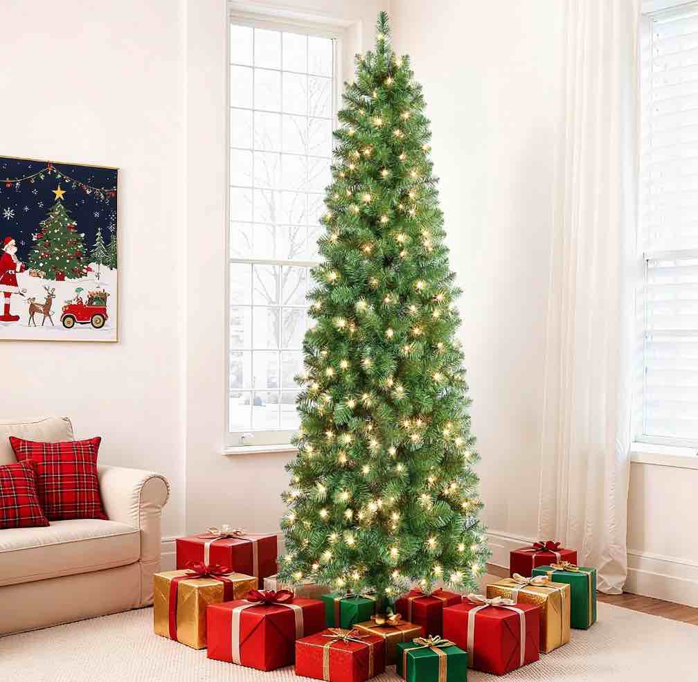 Alupssuc 6.5ft Prelit Artificial Slim Pencil Christmas Tree w/ Warm White Lights, Full Branch Tips, Perfect Choice Decoration for Xmas Holiday