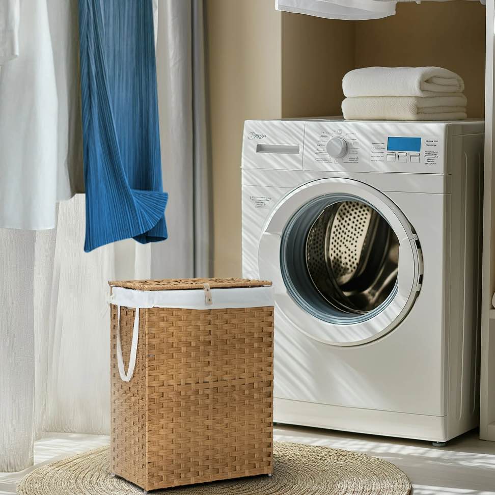 edx Laundry Basket with Lid 90 L Hand-Woven PP Rattan Laundry Basket with Handle Foldable Removable Liner Natural