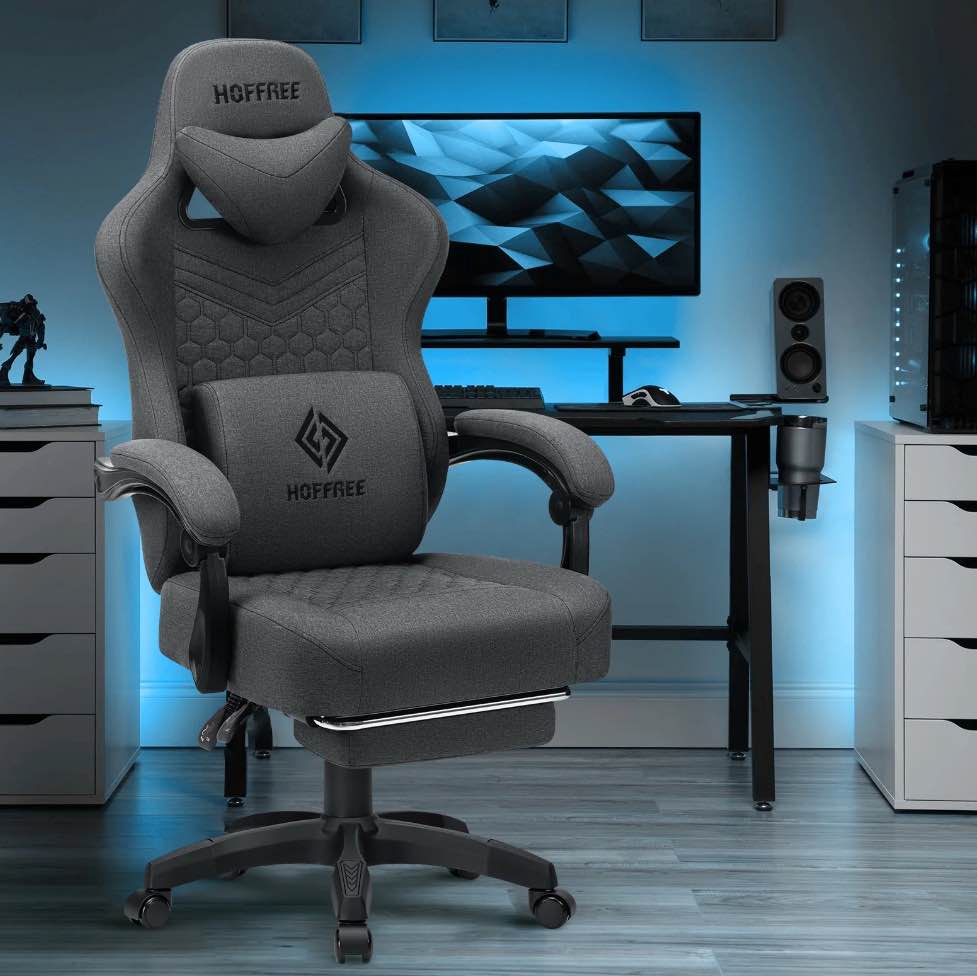 Hoffree Gaming Chair with Speakers Fabric Gamer Chair with footrest and massage Big and Tall Video Game Chair with Headrest and Lumbar Support for Adults