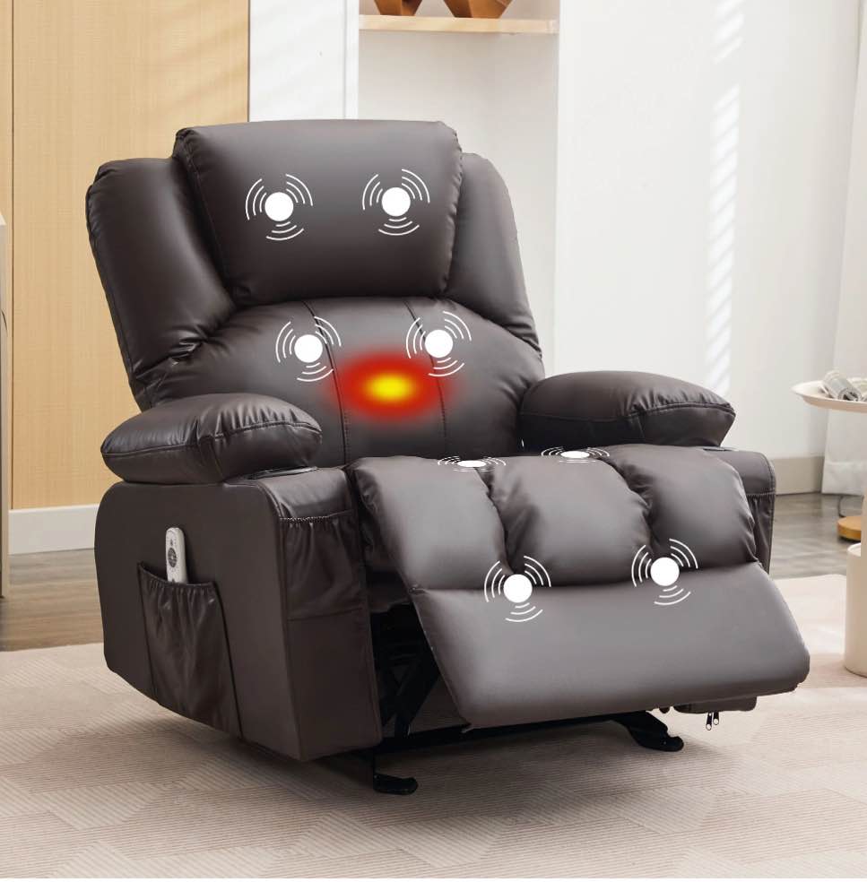 JONPONY Manual Recliner Chair with Heat Therapy and Massage Function, Heavy Duty Reclining Mechanism Massage Chair, Elderly Single Rocker Sofa with Cup Holders for Bedroom Home Theater,Brown