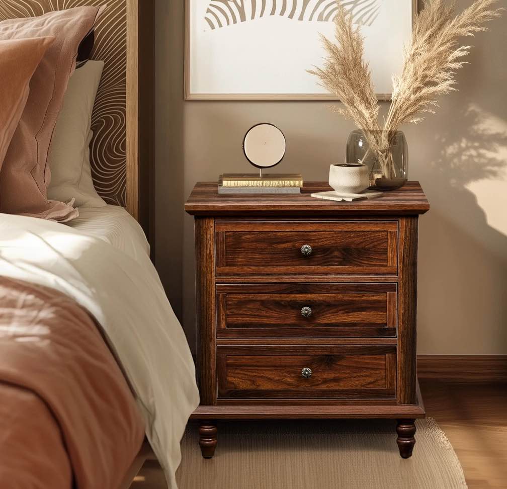 Ktaxon Solid Wood Nightstand with Outlets & USB Ports, 3 Drawer Traditional Cottage Bedside Table, Brown