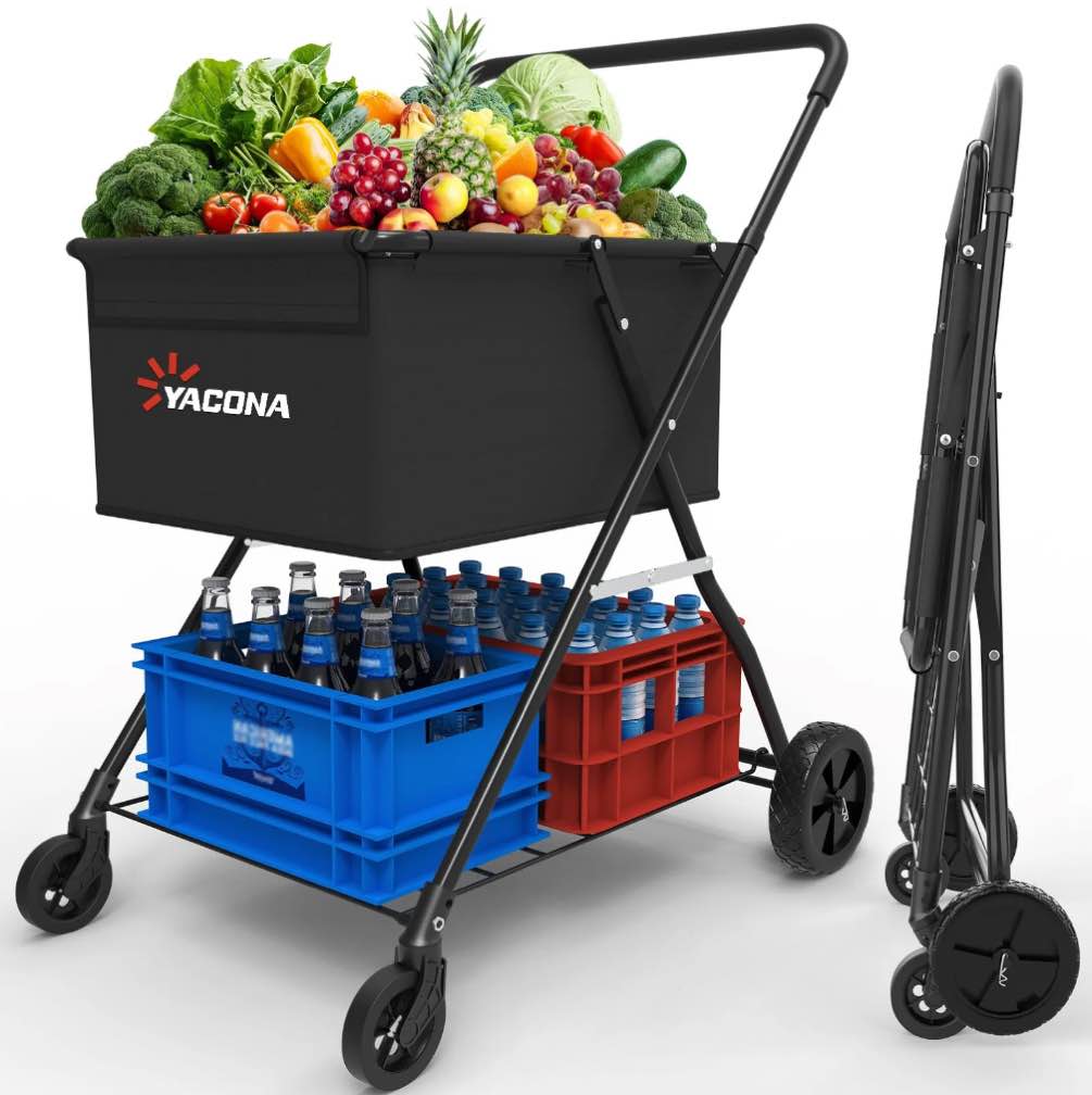 Collapsible Shopping Cart, Double-Decker Shopping Trolley, Grocery Cart on Wheels, 600D Oxford Cloth, Black