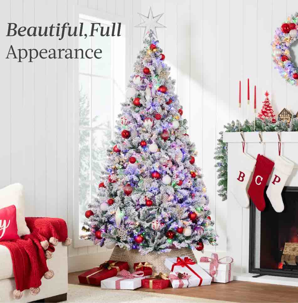 Best Choice Products 4.5ft Pre-Lit Christmas Pine Tree w/ Flocked Branches 200 Multicolored or Warm-White Light Modes