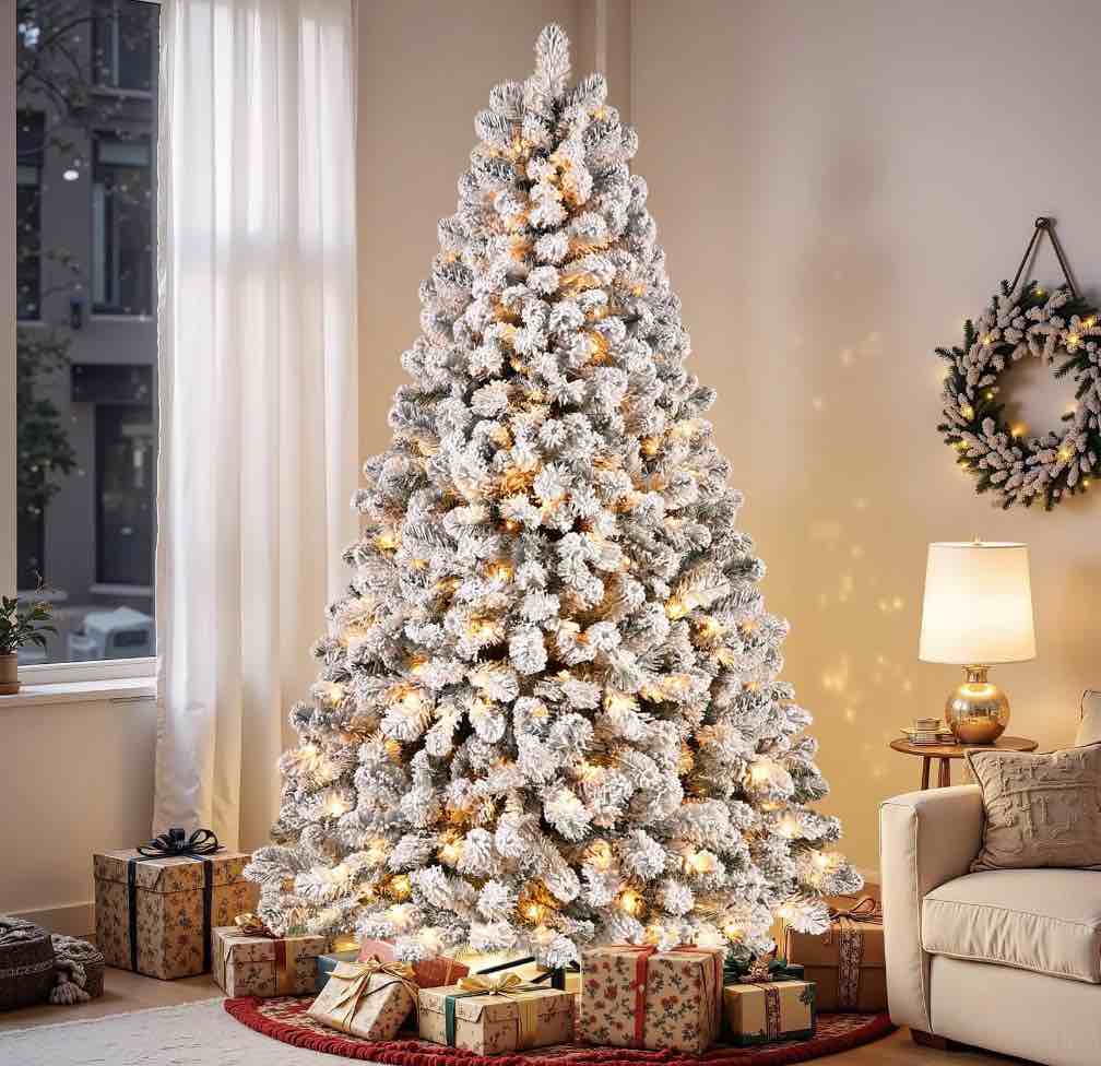 Alupssuc 6.5ft Prelit Snow Flocked Artificial Holiday Christmas Tree w/ Warm White Lights, Foldable Stand, Full Snow Branch Tips