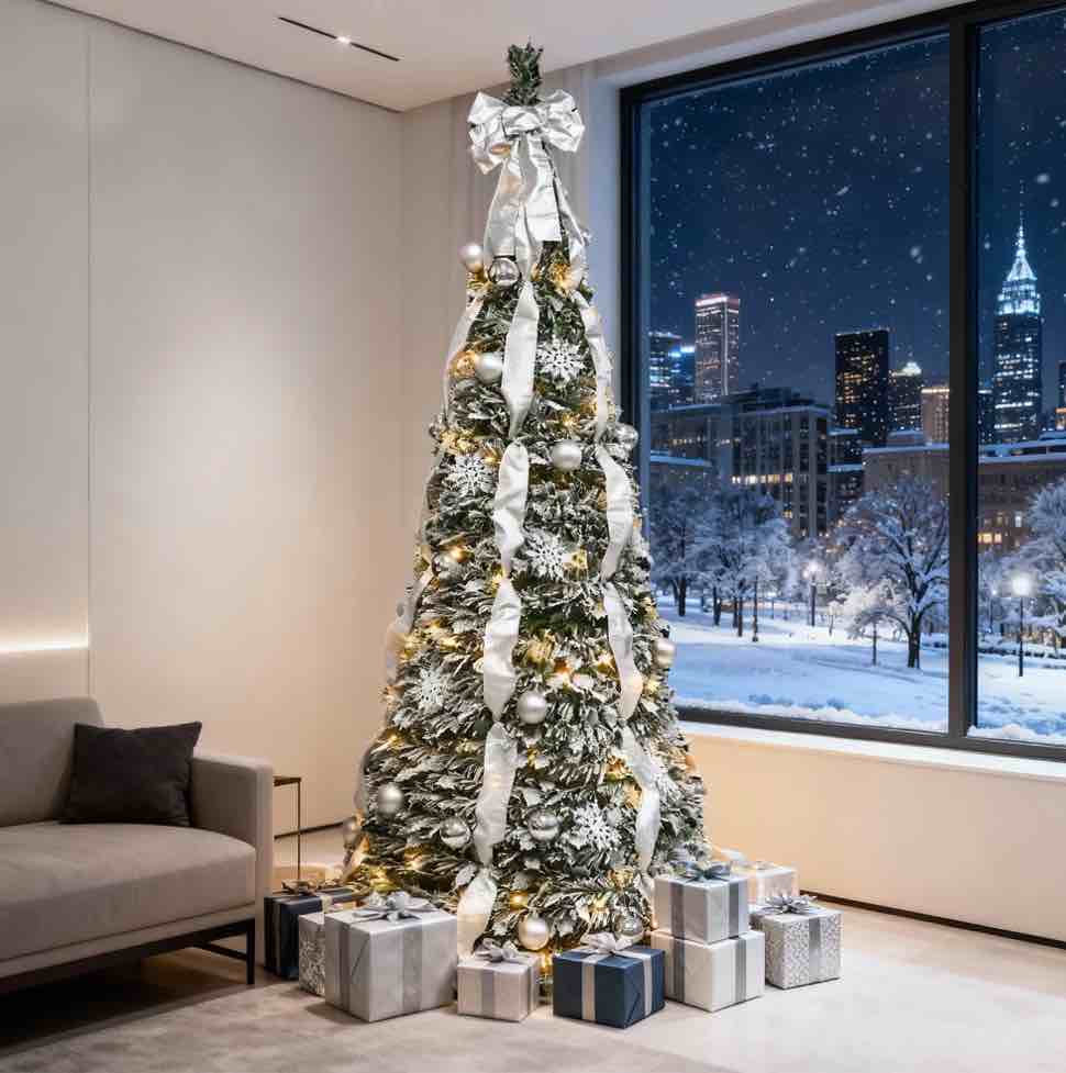 Bringstar 7ft Silver Pop Up Christmas Tree Pre Lit with 200 Lights, Pre Decorated Artificial Xmas Tree with Ornaments, Easy Setup & Foldable for Storage