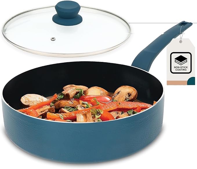 PRIME CUISINE 10.5" Saute Pan with Lid, Non-Stick Blue Diamond Coating, Induction Safe, Soft Touch H