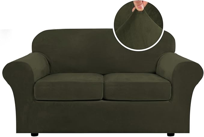 H.VERSAILTEX Real Velvet Plush 3 Piece Stretch Sofa Covers Couch Covers for 2 Cushion Couch Loveseat Covers Width Up to 72 Inch Feature Thick Soft Stay in Place (Medium Sofa, Olive)