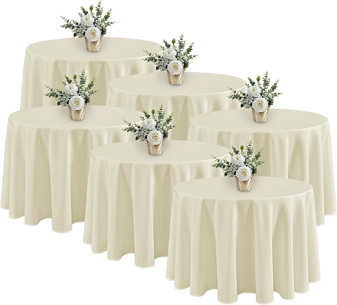 6-Pack White Round Tablecloths, 120 Inches, Stain-Resistant Polyester for 5-6 Ft Round Tables - Washable Table Covers for Weddings, Banquets, Birthday, Parties, Events