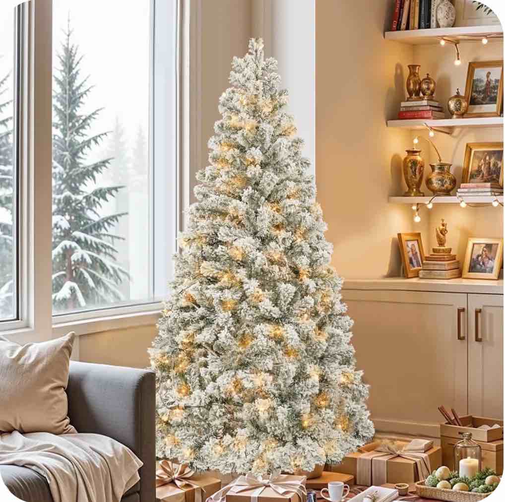 5FT Pre-Lit Hinged Christmas Tree Snow Flocked with 600 Tips 200 Lights