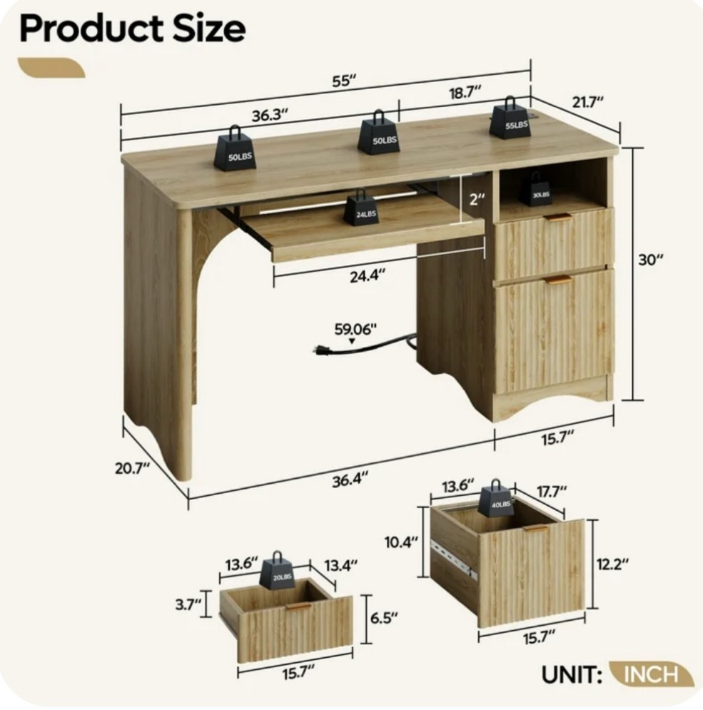 Bestier 55" Computer Writing PC Desk Home Office with Power Outlets Keyboard Tray and Storage Drawers, Log