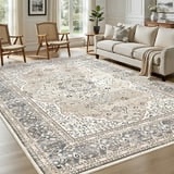 UERMEI 10'x14' Washable Area Rugs for Living Room, Vintage Floral Boho Printed Carpet, Non Slip Indoor Rug for Bedroom Home Decor Carpets - Camel