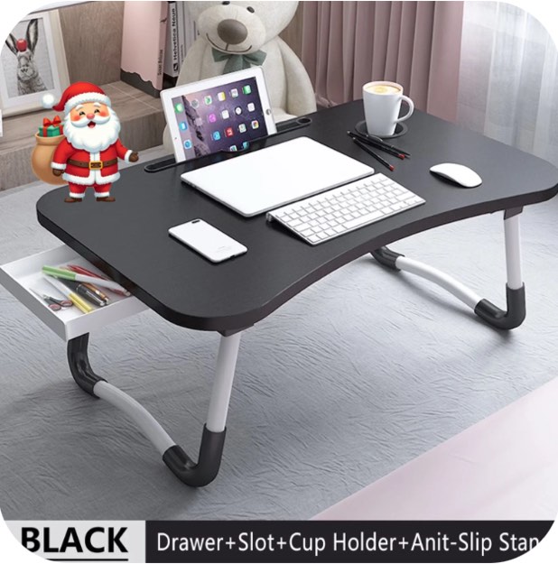 PHANCIR Foldable Lap Desk, 23.6 Inch Portable Wood Laptop Desk Table Workspace Organizer Bed Tray with iPad Slots, Cup Holder and Drawer, Anti-Slip for Working Reading Writing, Eating, Watching-Black
