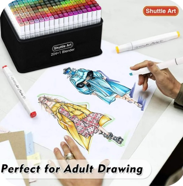 Shuttle Art 205 Colors Dual Tip Alcohol Art Markers, 204 Colors Permanent Marker Plus 1 Blender 1 Marker Pad 1 Case and Color Chart for Adult Artist Drawing Coloring Books Sketching