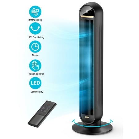 Dreo Tower Fans for Home 36 Standing Floor Fan with Remote 90° Oscillating Fan 24 Ft/s High Velocity LED Display 4 Speeds 4 Modes 8H Timer Q