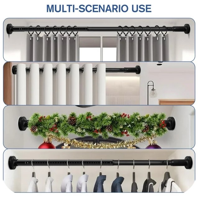 VEGCOO One-Push Tension Curtain Rod, 39-173 Inches Extra Long No Drill Adjustable Spring Rod, , Rustproof Steel for Patio Outdoor Bathroom Window, Matte Black