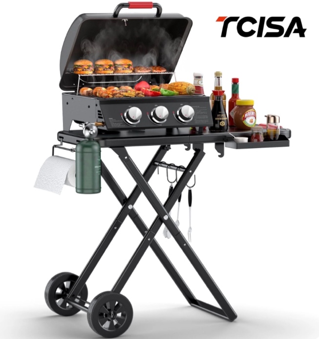 Tcisa Portable 3-Burner Propane Gas Grill 30,000BTU, Foldable and Stand-up for Outdoor BBQ Camping Grill Backyard Cooking