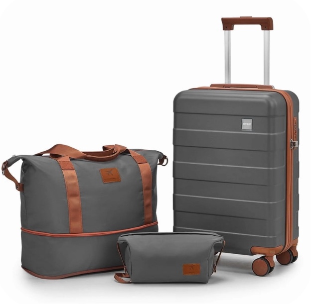 Joyway 3-Piece Luggage Set 20-Inch Carry-On Suitcase with Spinner Wheels TSA Lock Travel Duffel Bag and Toiletry Bag Hardside Lightweight Luggage Grey