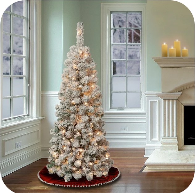 4.5 ft. Pre-Lit Artificial Acacia Pencil Slim Christmas Tree, Green, 100 Clear Lights, Flocked, Includes Stand