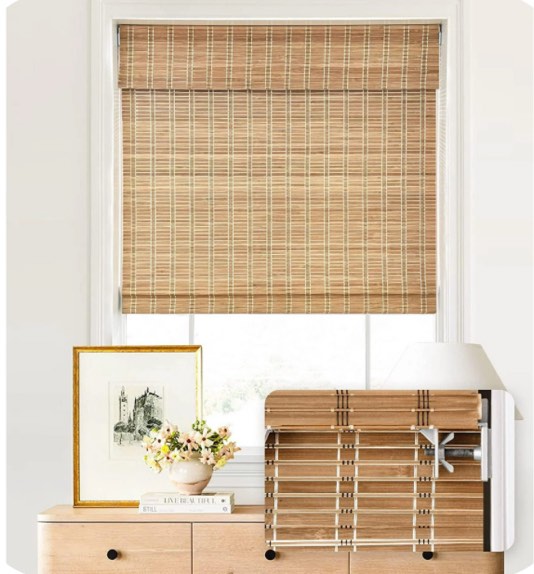 LazBlinds No Tools No Drill Cordless Bamboo Roman Shades, Light Filtering Window Treatment, Roll Up Bamboo Blinds for Window 34'' W x 64'' H, Brown