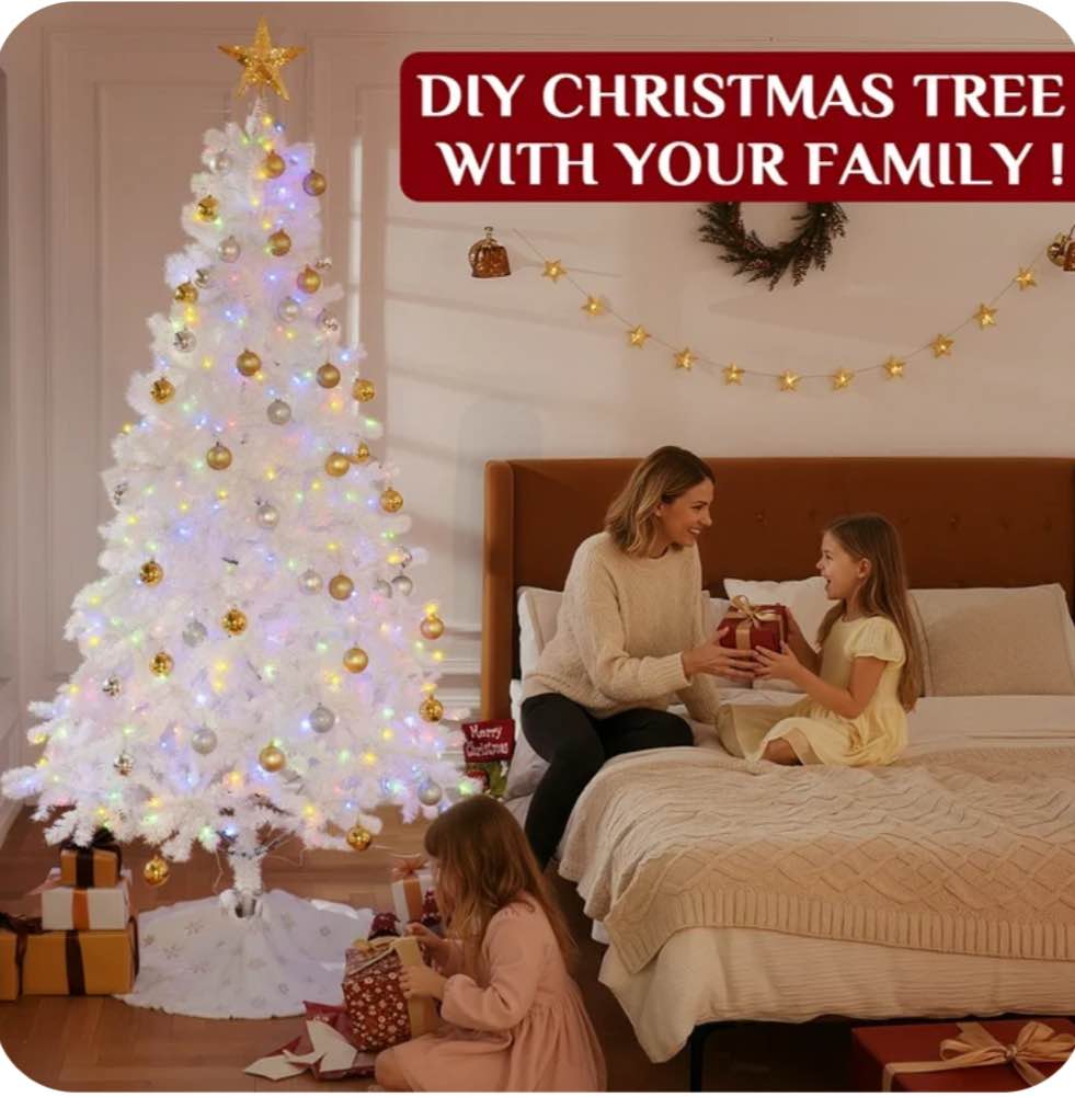 BSHAPPLUS® 6ft Pre-Lit White Christmas Tree with Remote Control,Artificial Hinged Christmas Tree with 500 LED Lights, 11 Light-Modes and 1200 Branch Tips for Home, Party Decoration