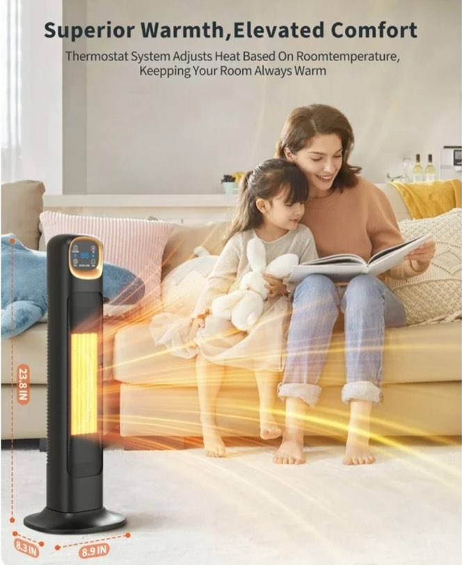 NFTIGB Space Heaters for Home, 24" 1500W Oscillating Electric Tower Electric Heater with Remote, PTC Ceramic Fast Heating,Black,New