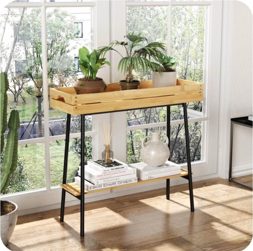 Bamboo Plant Stand Indoor, 2 Tier Wood Plant Table, Tall Plant Shelf for Outdoor, Window Flower Pot Holder Plant Bench Rack for Living Room, Natural