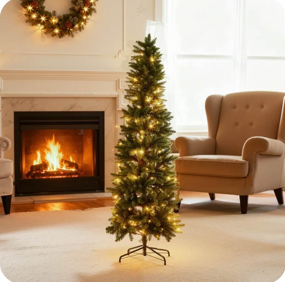 MCQ 4.5-Foot Pre-Lit Fraser Fir Pencil Artificial Christmas Tree, Offering 8 Warm Light Modes, Green
