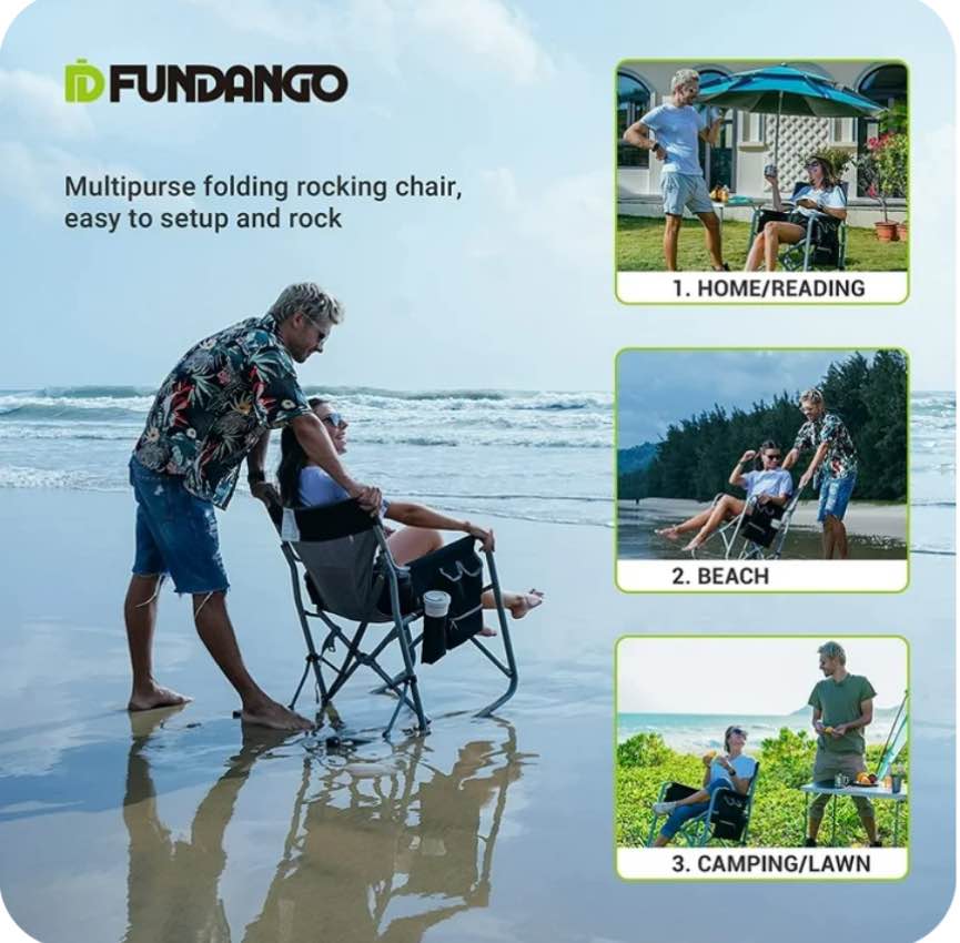 FUNDANGO Black Folding Rocking Camping Chairs for Adults, Outdoor Foldable Director Chair for Camping, Supports Up to 300lbs, Heavy Duty Portable Camping Chairs for Outside, Black-Grey