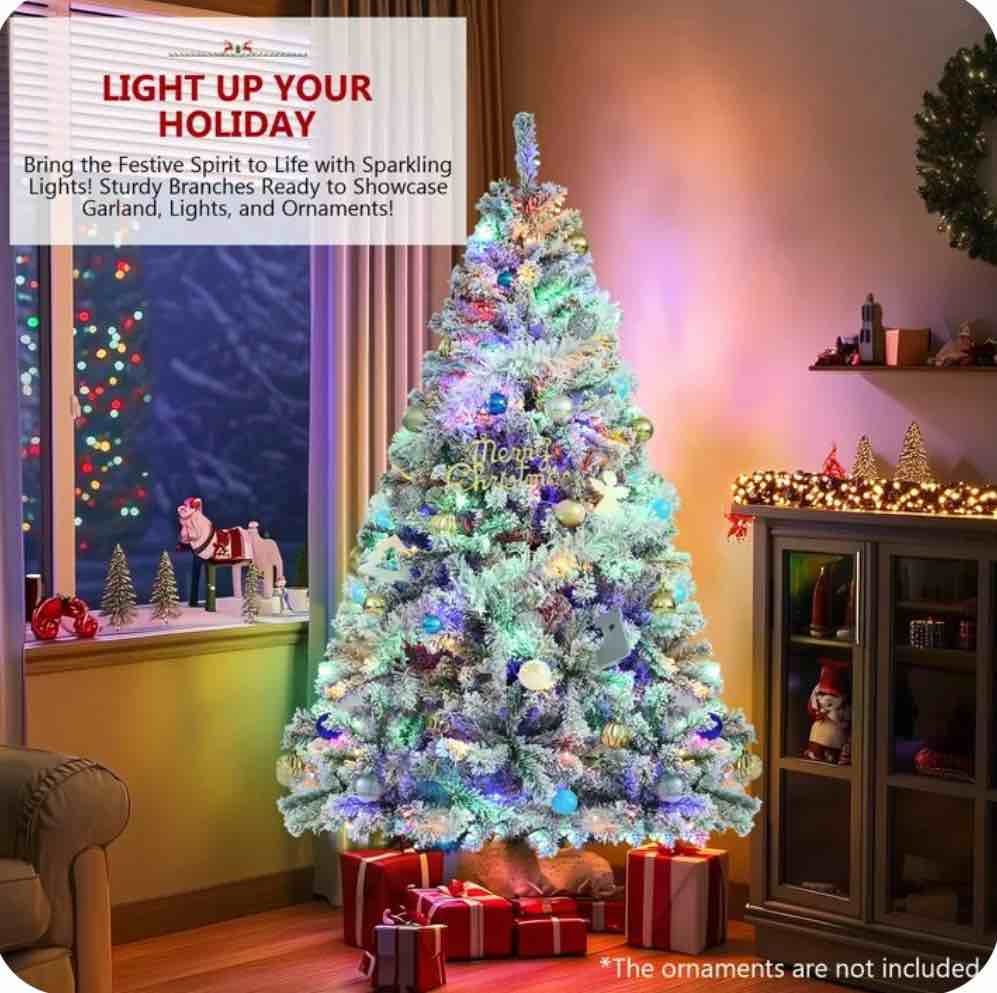 Funcid 6ft Pre-lit Flockd Artificial Christmas Tree, Hinged Artificial Snow Decorated Xmas Tree, w/ 8 Adjustable Colorful Light Flash Rate Modes
