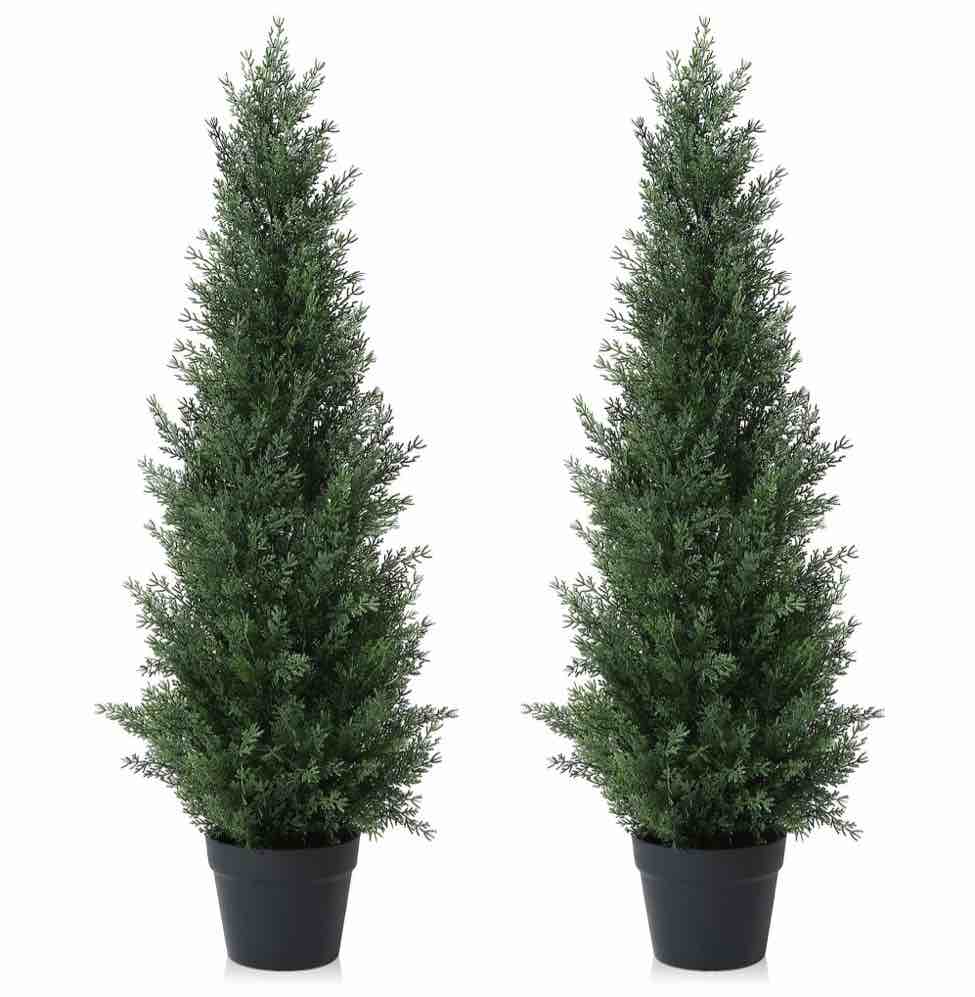 Artificial Cedar Tree 2 Pack 3 ft Outdoor Artificial Topiary Cedar Plants Fake Tree UV Rated Potted Plants for Porch Decor Faux Pine Tree for Perfect Housewarming Gift