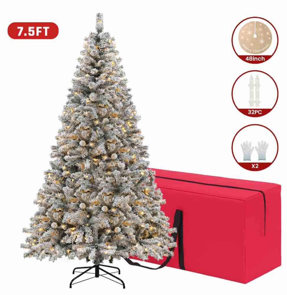 VAVSEA 7.5ft Pre Lit Snow Flocked Christmas Tree with Storage Bag, Fence, Tree Skirt, Hinged Artificial Xmas Tree with 350 Warm White Lights, 1200 Tips for Holiday Home Office Decoration