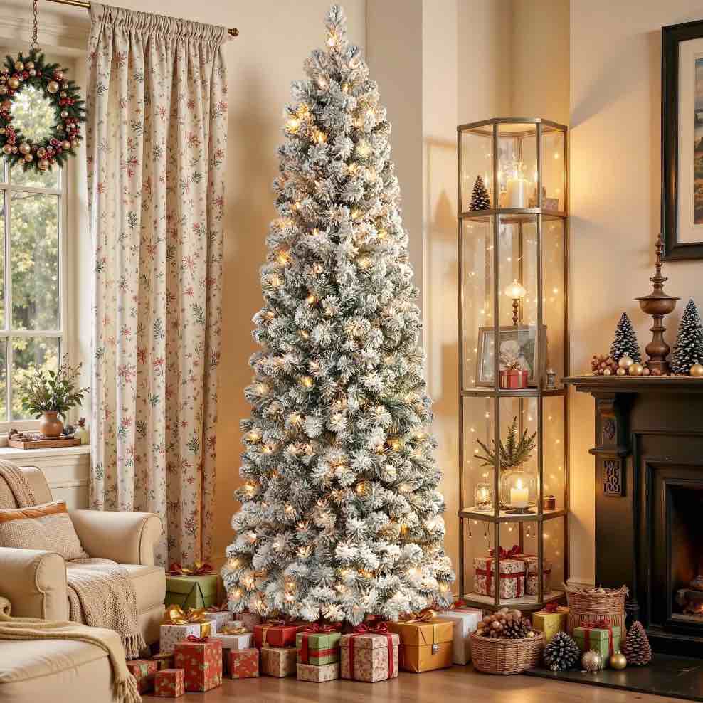 Alupssuc 7.5ft Prelit Snow Flocked Artificial Pencil Christmas Tree with Warm White Lights, Full Branch Tips, Perfect Choice Decoration for Xmas Holiday