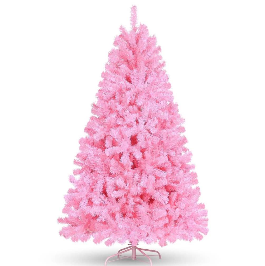 Funcid 6ft Pink Artificial Christmas Tree, Hinged Spruce Full Tree with 1477 Branch Tips, Foldable Metal Stand, New PVC Material, Xmas Tree for Indoor and Outdoor Decoration