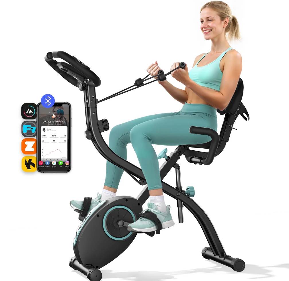 MERACH Folding Exercise Bike, 4 in 1 Magnetic Upright Bike with 16 Levels of Resistance for Home Indoor Cardio Workout Max Weight 300 lbs