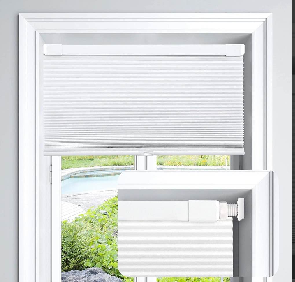 LazBlinds Cordless Cellular Shades, No Tools No Drill Light Filtering Honeycomb Shades Pleated Blinds for Windows, 25'' W x 64'' H, White