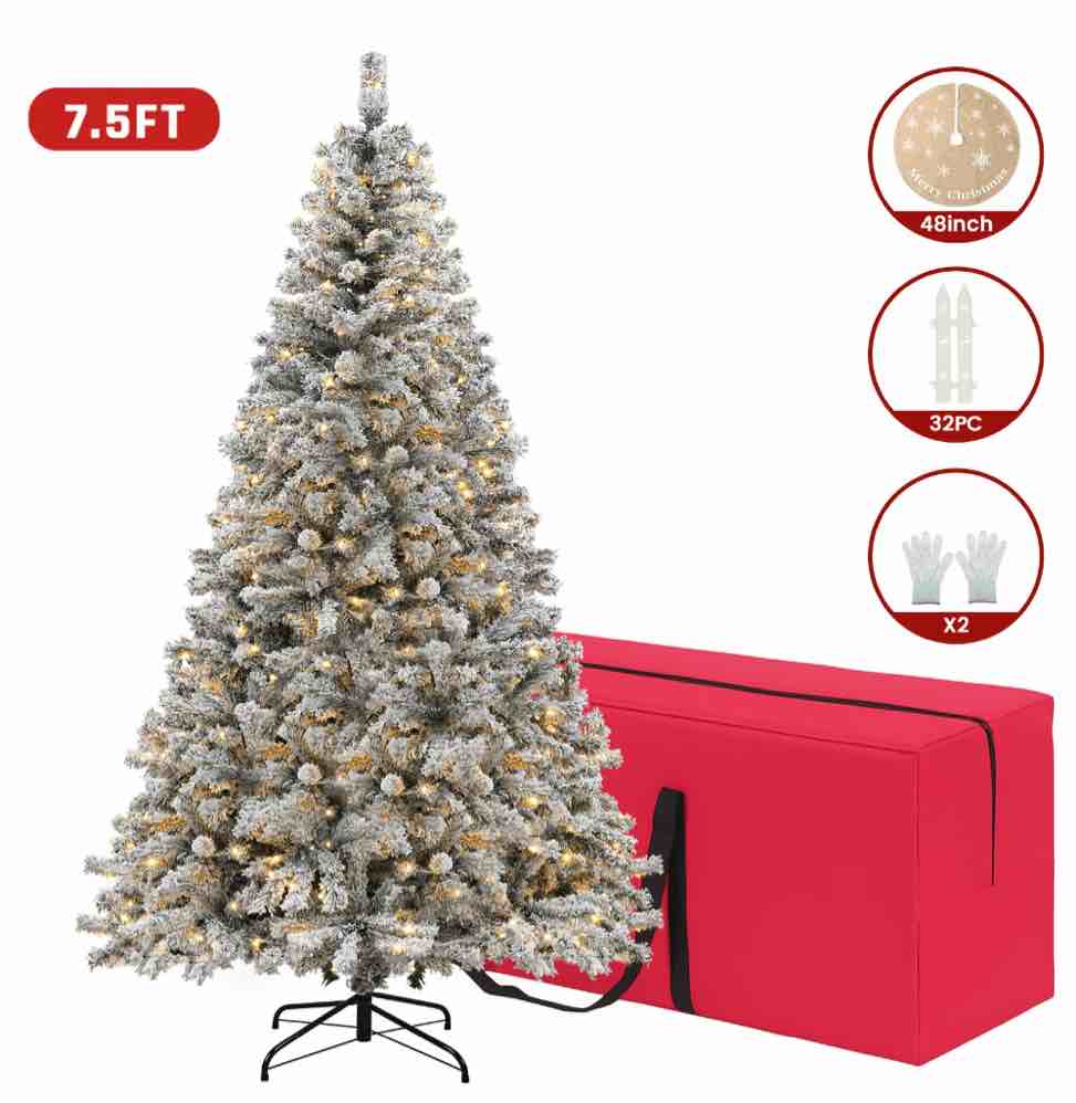 VAVSEA 7.5ft Pre Lit Snow Flocked Christmas Tree with Storage Bag, Fence, Tree Skirt, Hinged Artificial Xmas Tree with 350 Warm White Lights, 1200 Tips for Holiday Home Office Decoration