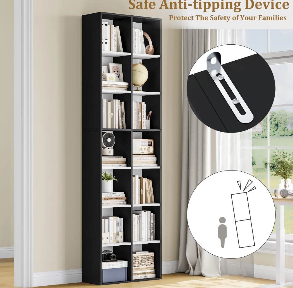 Hiphuta 7-Tier Double Wide Media Tower Rack, 71 X 20 X 9 Inches CD DVD Slim Storage Cabinet with Adjustable Shelves, Tall Narrow Bookcase Sturdy Display Bookshelf for Home Office, Black & White