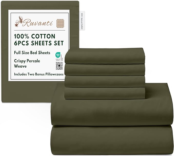 RUVANTI 6 Pcs Cotton Sheets - 100% Natural Cotton Soft, Lightweight & Breathable Crispy Percale Sheets, Full Size Bed Sheets 16" Deep Pockets, Winter Moss