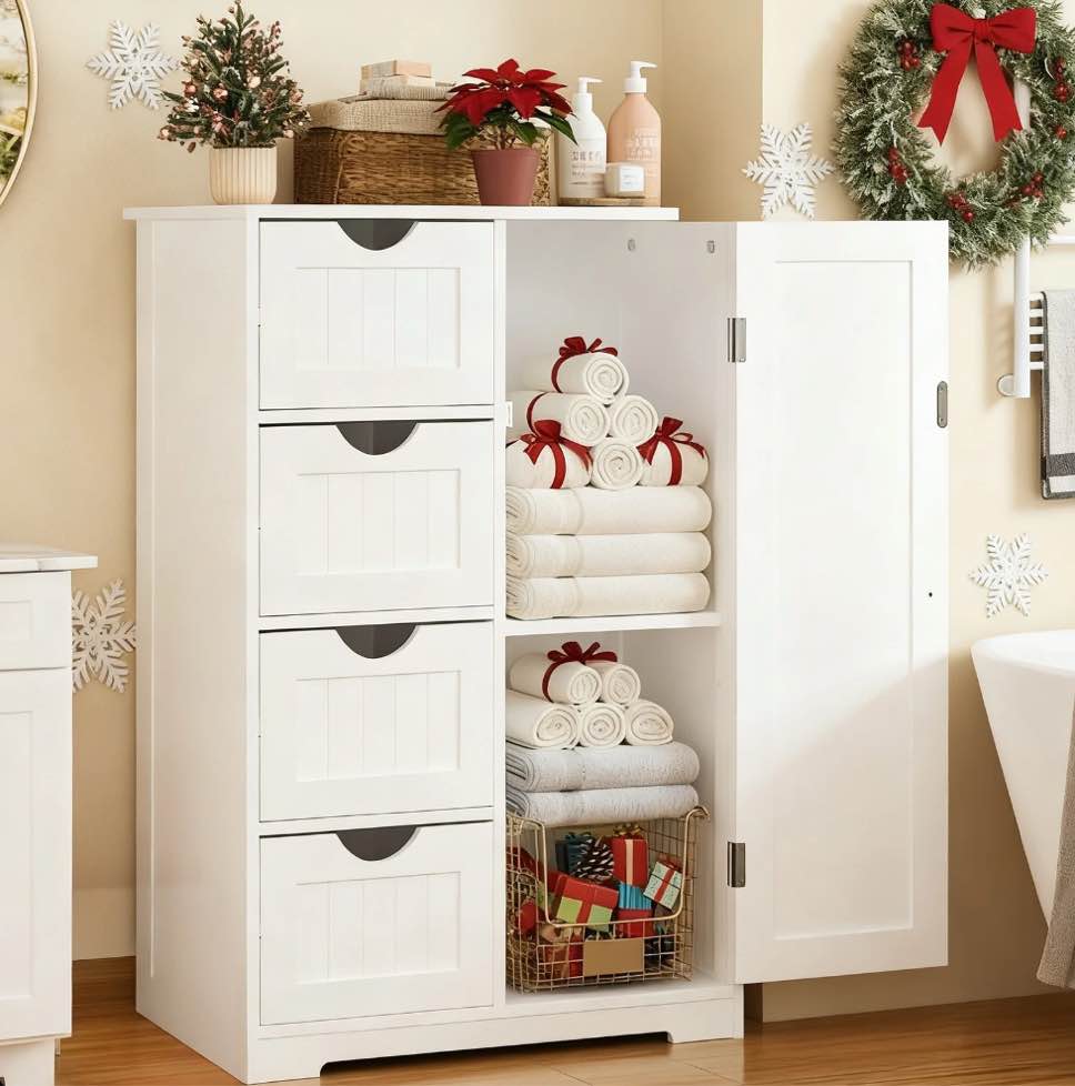 Ktaxon Wooden Bathroom Floor Cabinet, Side Storage Organizer with 4 Drawers, 1 Cupboard & 2-Shelves, White