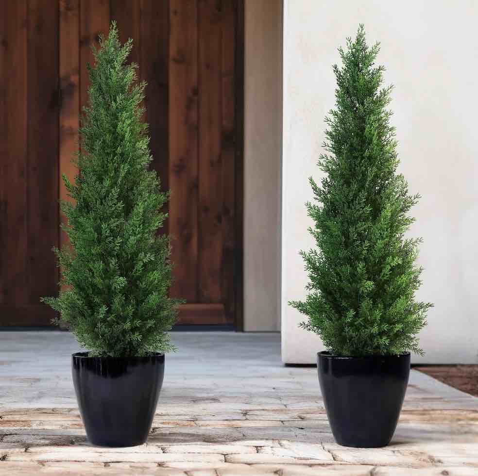 Artificial Cedar Tree 2 Pack 3 ft Outdoor Artificial Topiary Cedar Plants Fake Tree UV Rated Potted Plants for Porch Decor Faux Pine Tree for Perfect Housewarming Gift