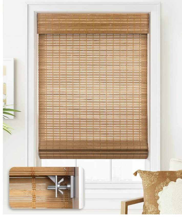 LazBlinds No Tools No Drill Cordless Bamboo Roman Shades, Light Filtering Window Treatment, Roll Up Bamboo Blinds for Window 22'' W x 64'' H, Squirrel