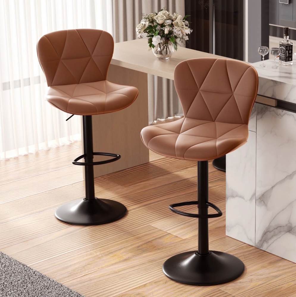 Hawsaiy Modern Bar Stools Set of 2, Adjustable Faux Leather Upholstered Swivel Bar Stools, Counter Height Bar Chairs with Back for Kitchen Island, Brown