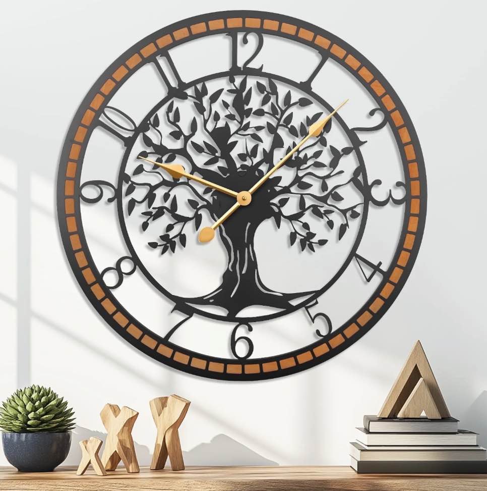 Wall Clock,24inch Large Wall Clock,Silent Tree of Life Wall Clocks for Living Room Decor,Non-Ticking Battery Operated Wall Clock with Wood Frame for Living Room, Kitchen, Bedroom, or Office Wall